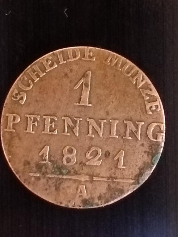 Пруссия 1 пфенниг 1821 А Медь