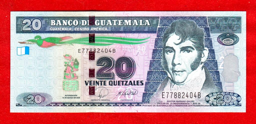 Гватемала, 20 кетцалей, 2008, UNC, E 77882404 B, ПЕЧАТЬ ФРАНЦИИ, РЕДКАЯ, RRR!!!