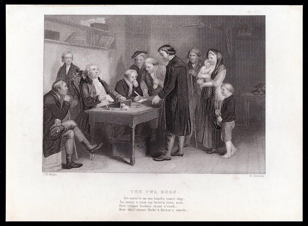 гравюра Шотландия Земельная Налоговая Две собаки The Twa Dogs Роберт Бернс  1840 г