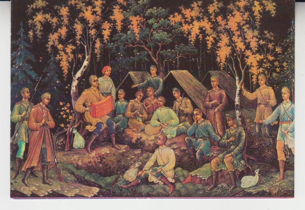 Художник А. Котухин. В ЛЕСУ ПРИФРОНТОВОМ. Шкатулка. Фрагмент росписи ПАЛЕХ. Чистая, 1982г.