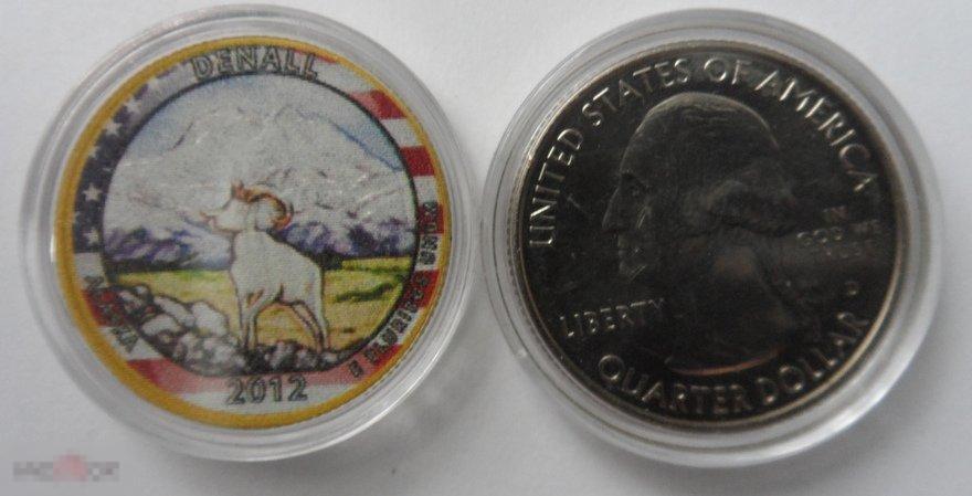 МОНЕТА ЦВЕТНАЯ 25 ЦЕНТОВ 2012 «НАЦИОНАЛЬНЫЙ ПАРК ДЕНАЛИ» США.РАСПРОДАЖА.
