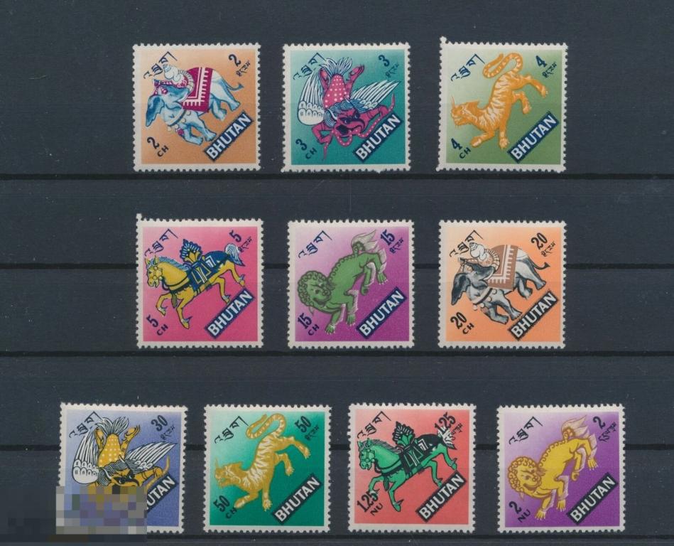 БУТАН. ЖИВОТНЫЕ -СИМВОЛЫ, ОБЕРЕГИ БУДДИЙСКОЙ РЕЛИГИИ.Серия 10 марок. MNH .(297)