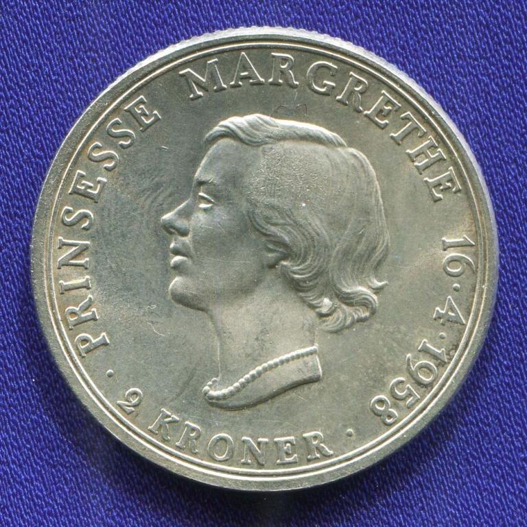 Дания 2 кроны 1958 UNC 18 лет Принцессе Маргрете