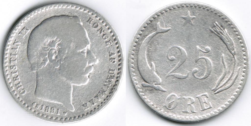 Дания - 25 эре, 1891 г. Ag,