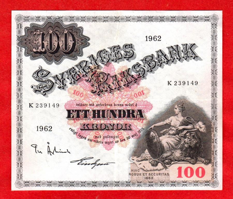 Швеция, 100 крон, 1962, XF-, К 239149, РЕДКИЕ
