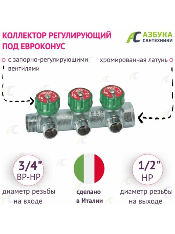 Коллектор регулирующий FAR 3, 4 (ВР-НР) с 3 отводами 1, 2 НР (межосев ...