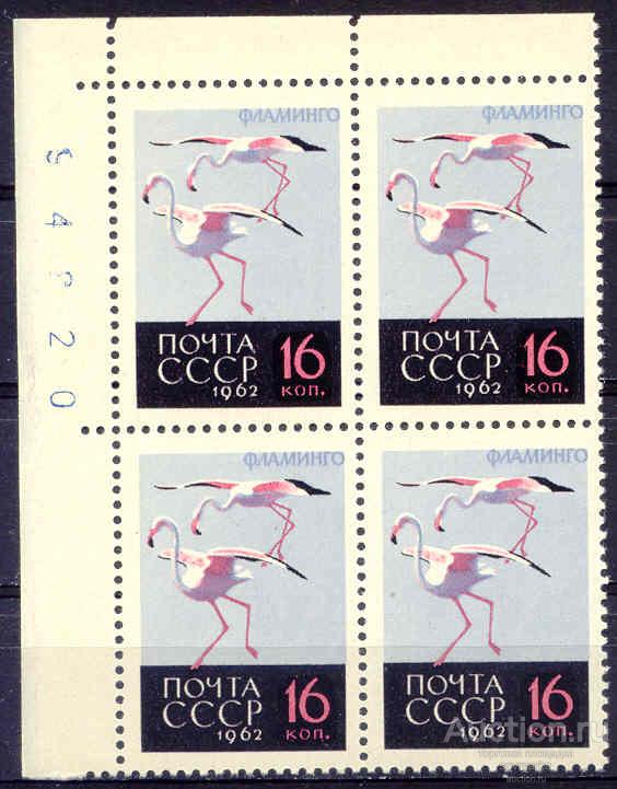 - СССР 1962 Фауна Птицы Фламинго 1мар** квартблок Св # 2794 |С12-56|