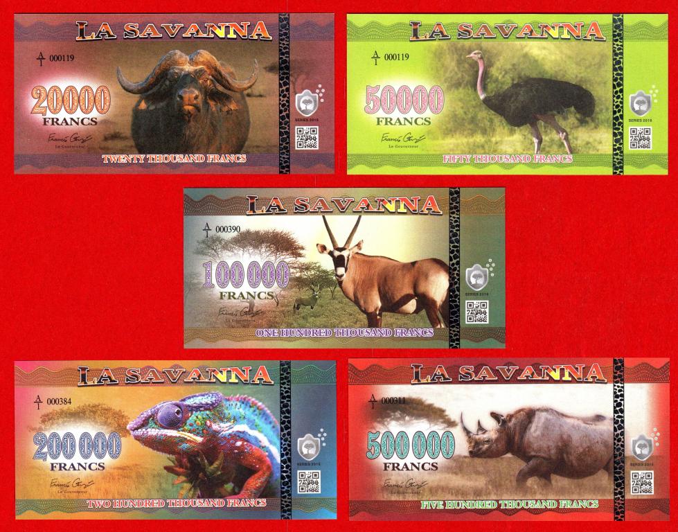 Саванна, 20000, 50000, 100000, 200000, 500000 франков, 2016, UNC