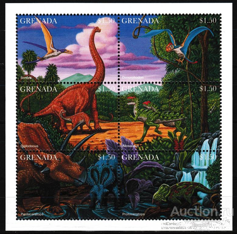 Гренада 1997 Динозавры Ящеры Рептилии Доисторические животные Вымершая фауна Палеонтология сцепка**