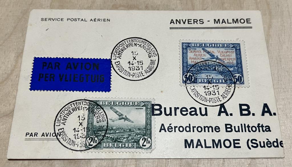 Бельгия Почтовая карточка 2 марки АВИА 1931 Первый полёт в Швецию Авиация