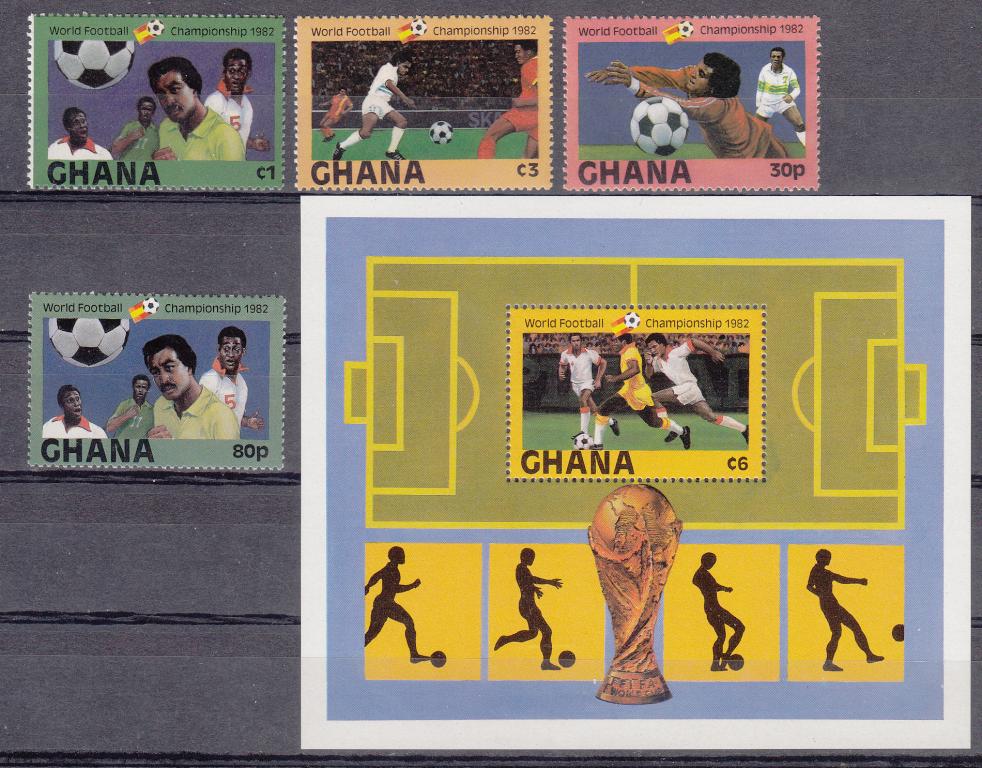 Марки.  Гана.  Спорт.  Футбол  ЧМ - 1982  в  Испании.  Серия  +  Блок.