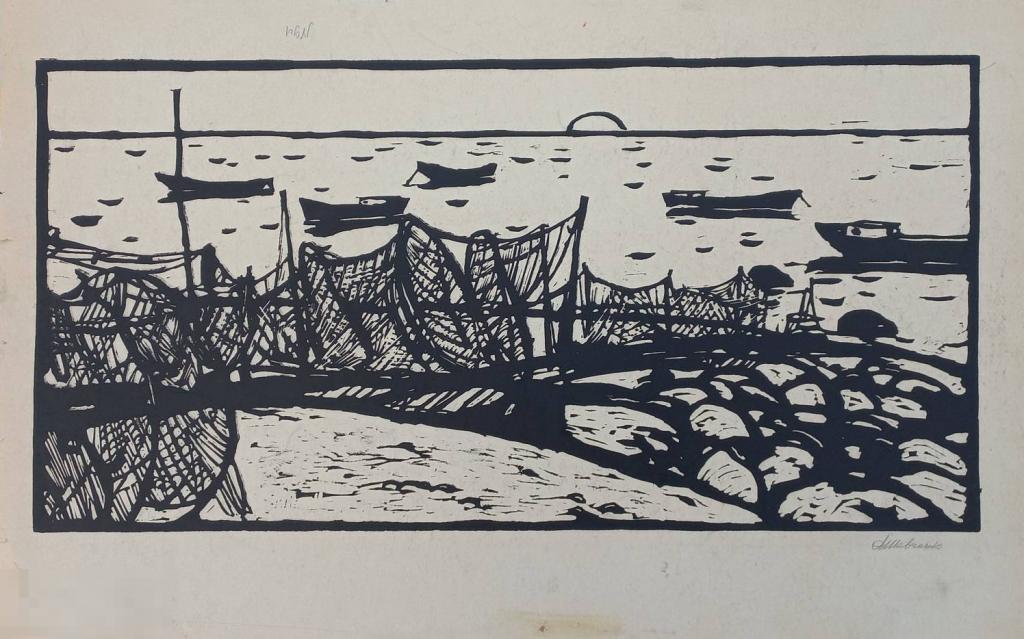 Шевченко А.  Рыбацкие сети. 1960-е. Б., линогравюра, 33х65 (изображение)