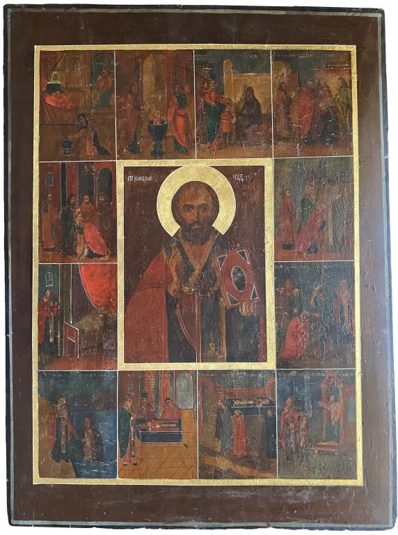 Антикварная Храмовая икона Святой Николай Чудотворец со сценами клеймами Чудес 19 век