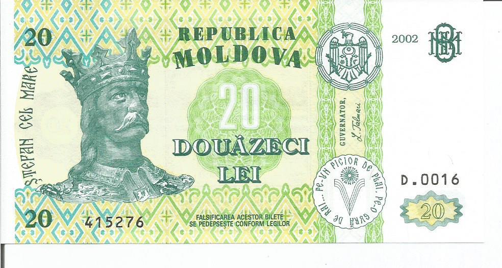 Молдова  (Молдавия)  20  лей  2002  года  пресс  UNC  (Р-13e)  Подпись  Л. Талмач.