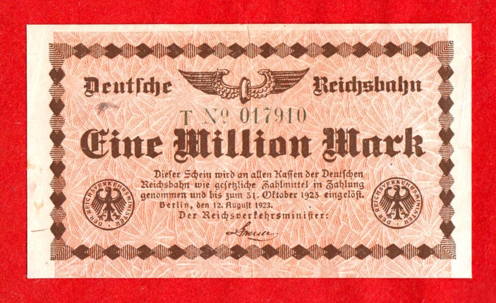 Германия (Железная дорога, Берлин) 1000000 (1 млн) марок, 1923, T  017910 – ОДНА ЛИТЕРА 1-го ВЫПУСКА