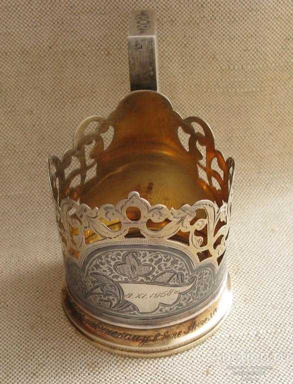 Подстаканник, серебро 875 проба, позолота, чернь, Кубачи, 88.8 грамма, 1958г., 98мм.