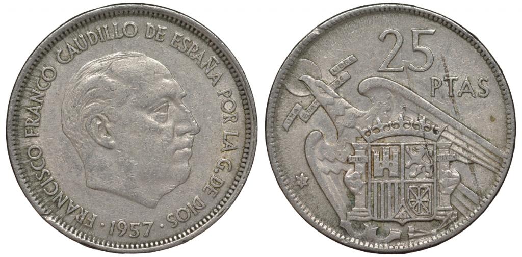 Испания 25 песет 1957 (68) Франко  медно-никель    38-353