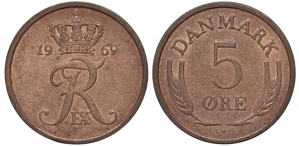 Дания 5 эре 1969 Фредерик IX, колосья  бронза    38-347