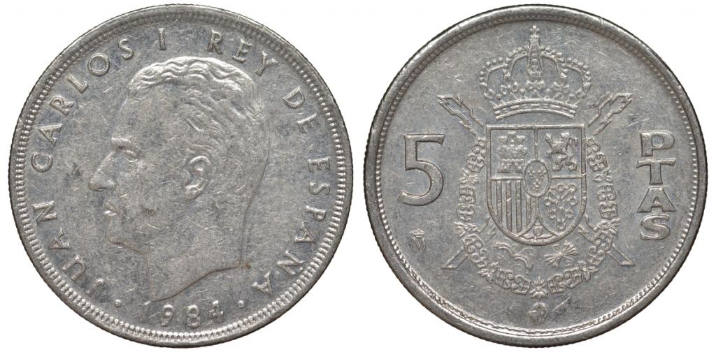 Испания 5 песет 1984 Хуан Карлос  медно-никель    38-156