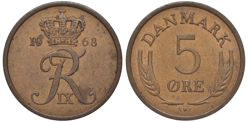 Дания 5 эре 1968 Фредерик IX, колосья  бронза    38-344