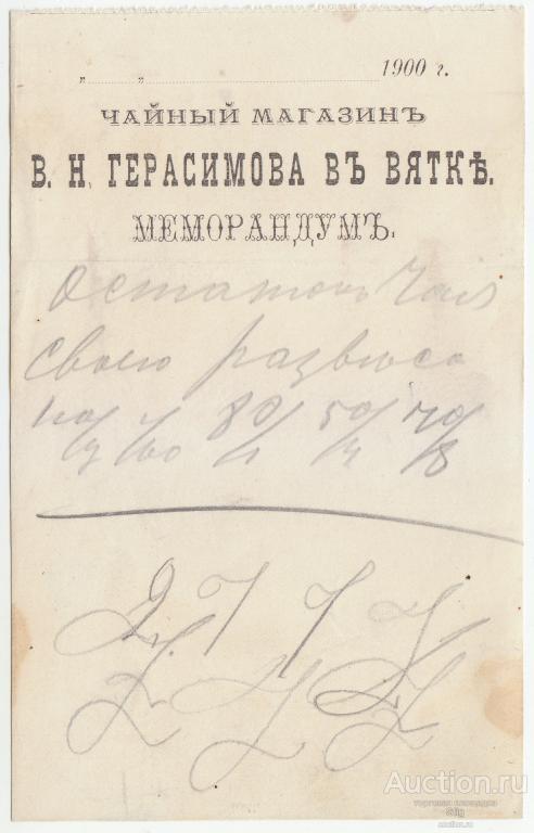 Вятка, Чайный магазин В.Н. Герасимова, меморандум, 1900 г.