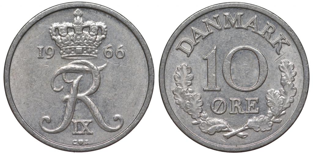 Дания 10 эре 1966 Фредерик IX медно-никель 38-444
