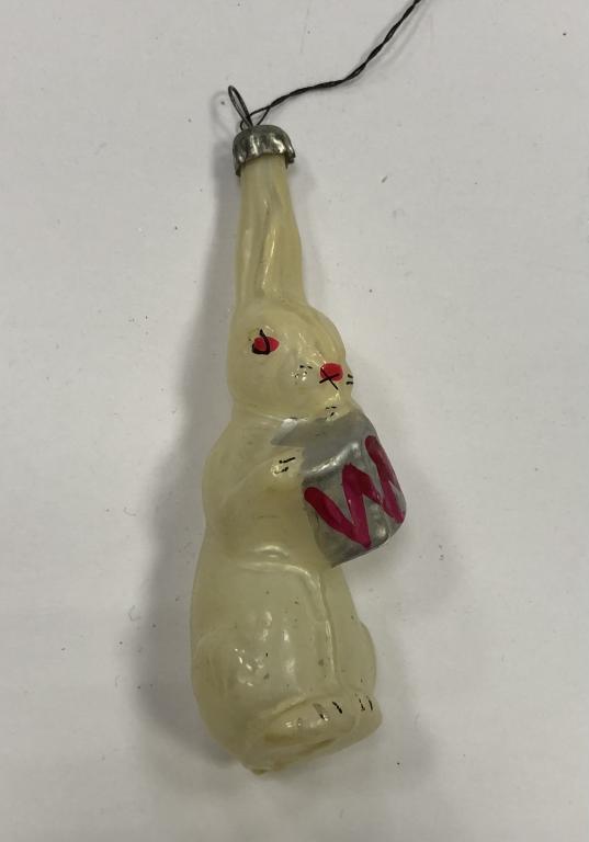 Новогодняя елочная игрушка Заяц зайчик с барабаном 10 см СССР