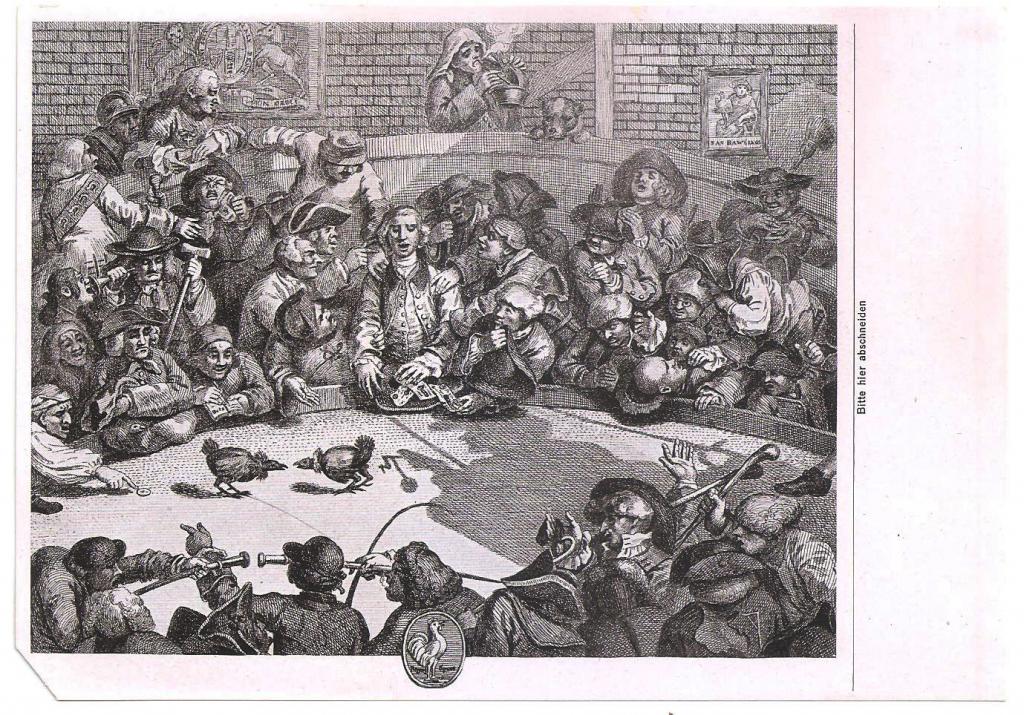 Сигаретный ВКЛАДЫШ №39 - Петушиные бои - гравюра Уильям Хогарт - Грабительская Англия Германия 1941