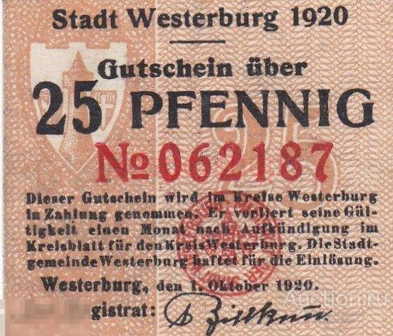 Германия (Веймарская Республика) Вестербург 25 пфеннигов 1920 г. (Вид 2) 