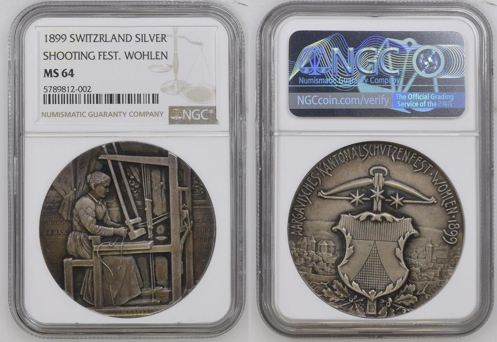 Швейцария медаль 1899 год праздник стрельбы Ааргау NGC MS-64 Richter#25 RRR
