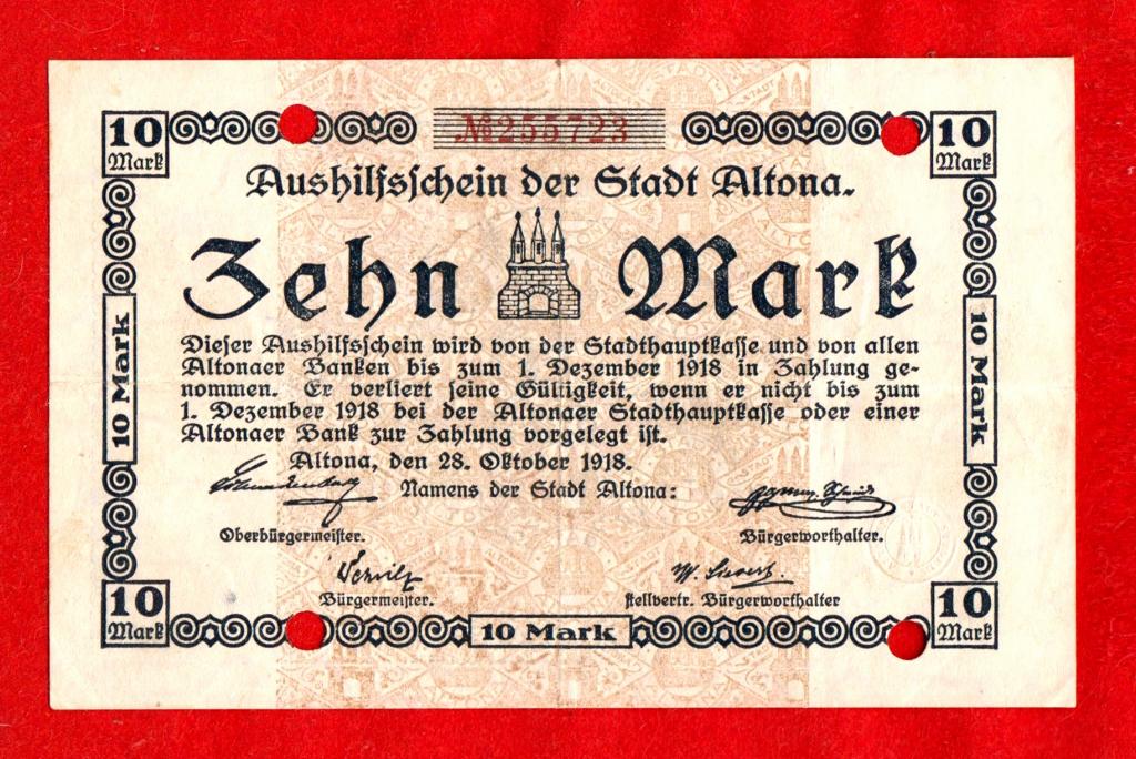Германия, Альтона / Алтона (Altona), 10 марок, 1918, VF+, № 255723, ВЗ КРЕСТЫ