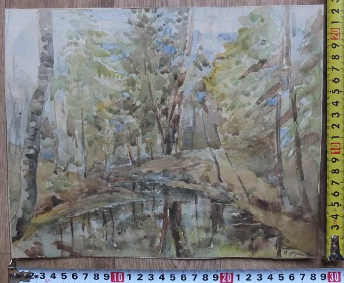 акварель Лесное озеро, авторская, х-к Будкова,старая