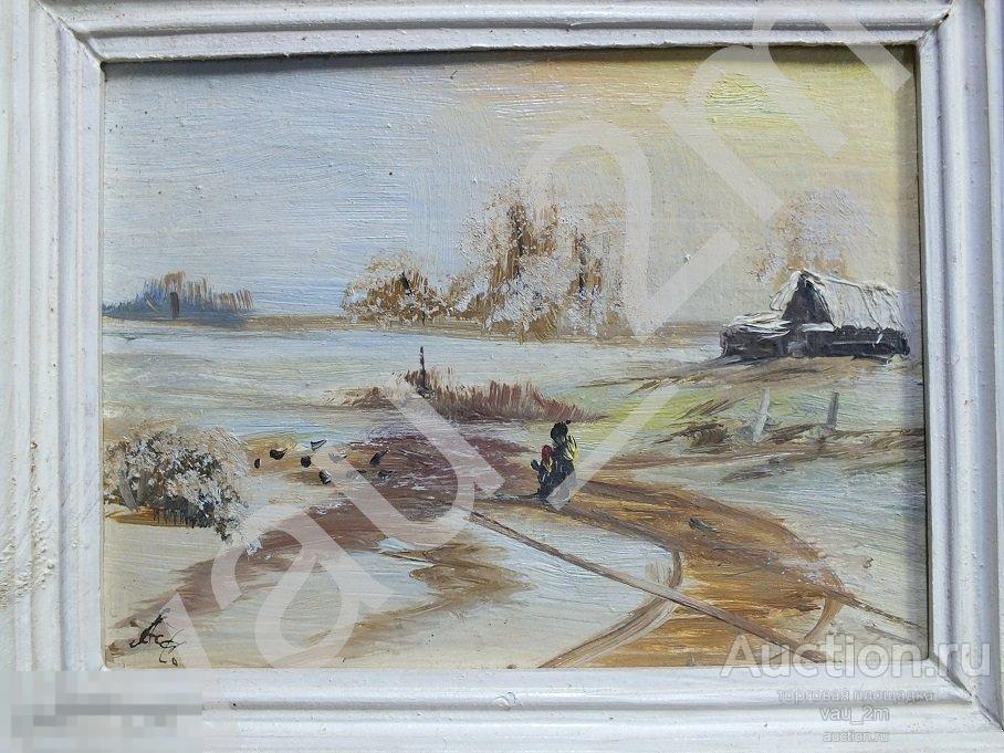 Картина зимний пейзаж деревня. Холст, масло, 1998 год 