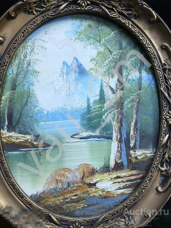 Река пейзаж лес горы. Живопись 