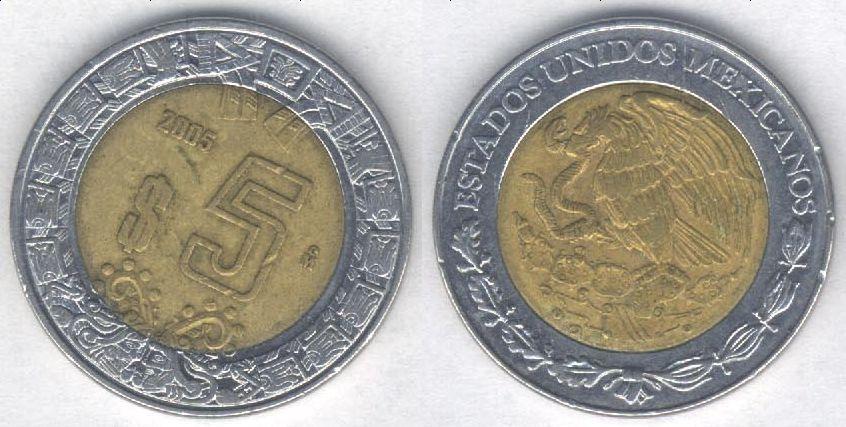 Монета Мексика 5 песо 2005 г. VF