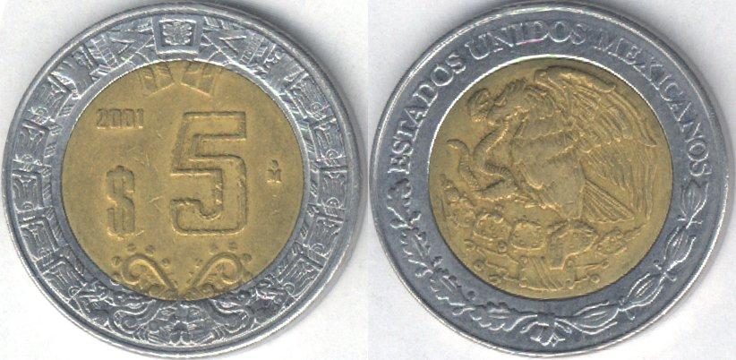 Монета Мексика 5 песо 2001 г. VF