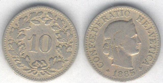 Монета Швейцария 10 раппен 1885 г. F