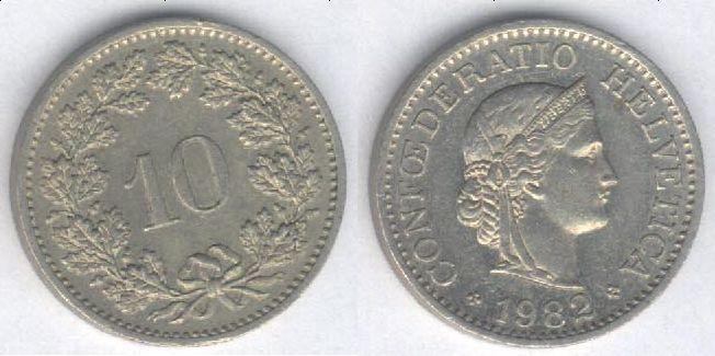 Монета Швейцария 10 раппен 1982 г. VF+