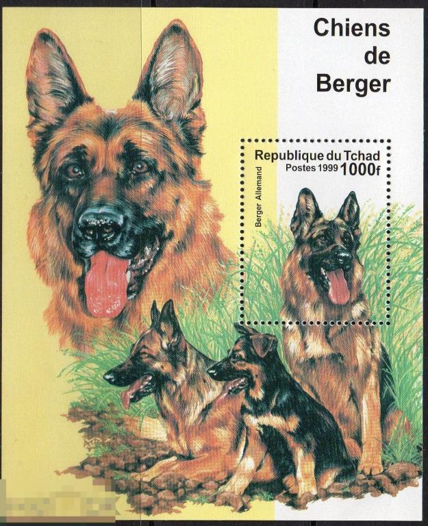 Чад 1999. ** Собаки. Породы собак. Немецкая овчарка. блок животные 