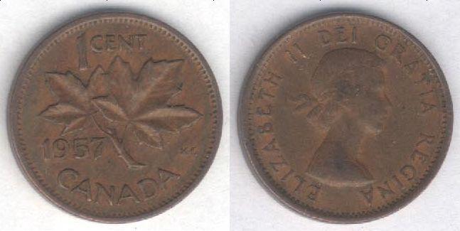 Монета Канада 1 цент 1957 г. VF