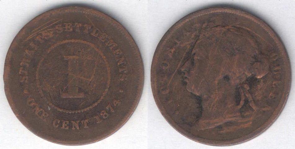 Монета Стрейтс-Сетлментс 1 цент 1874 г. VG+