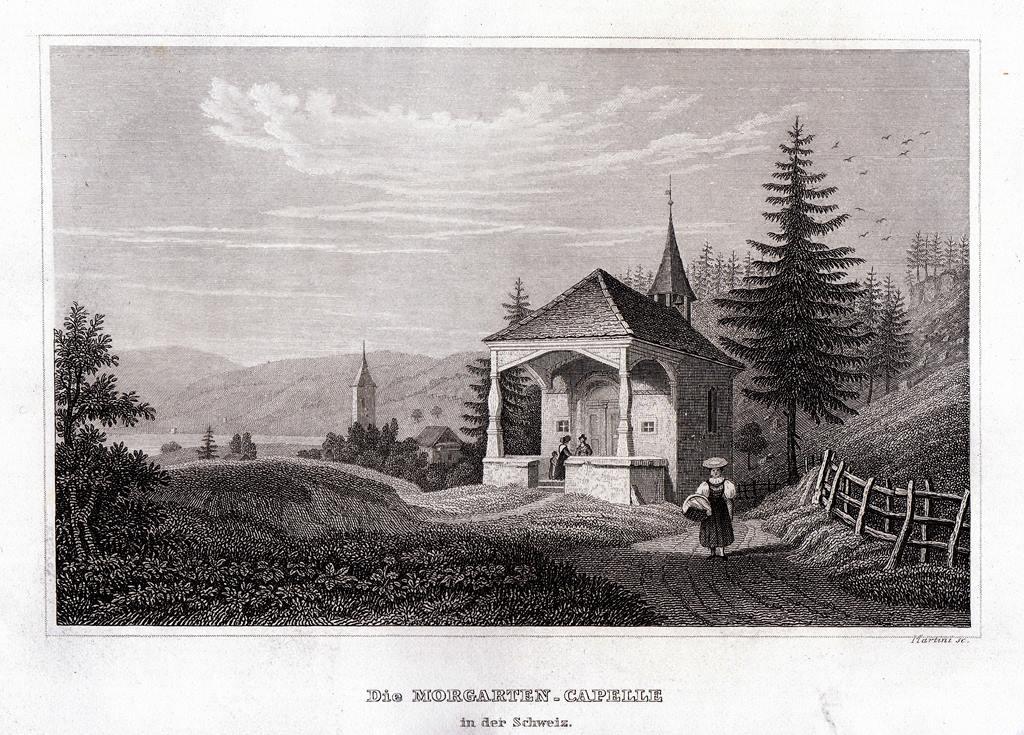 гравюра Швейцария Часовня Моргартена Пейзаж..горы 1850 г. орг..сост!