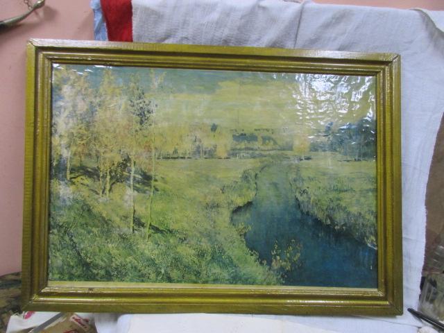 ЛИТОГРАФИЯ. РЕПРОДУКЦИЯ. КАРТИНА. ПЕЙЗАЖ.  РЕКА. ВРЕМЕН СССР. СК