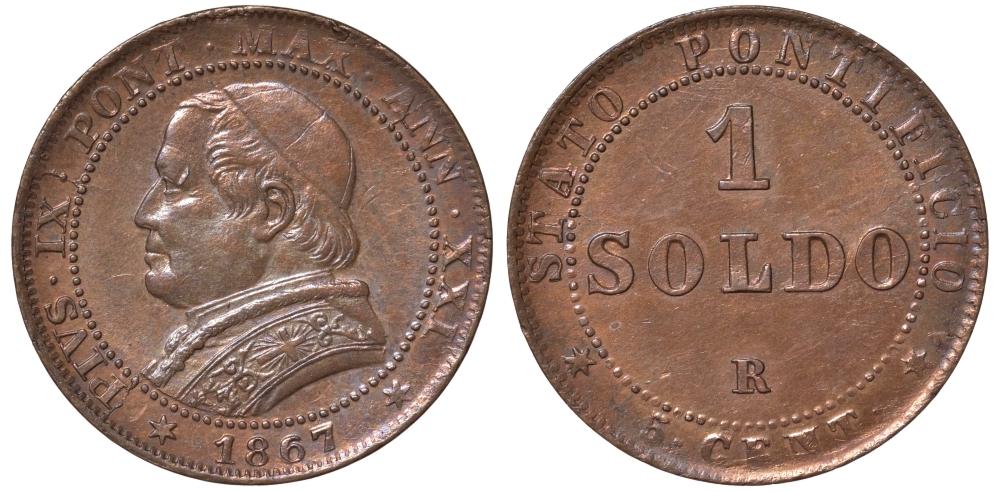 ВАТИКАН 1 СОЛЬДО 1867 ПИЙ IX KM 1372.2 бронза    1-846