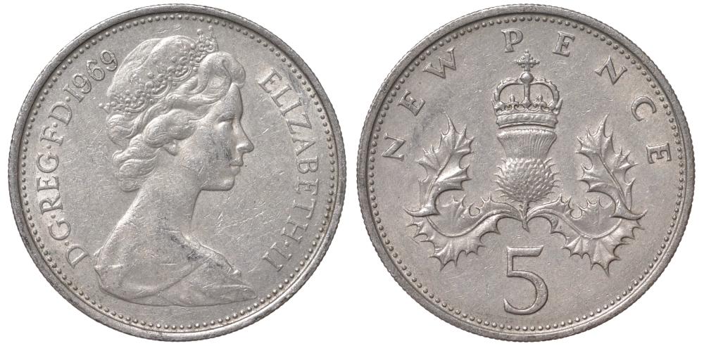 Великобритания 5 пенсов 1969 Елиаавета II 09-343