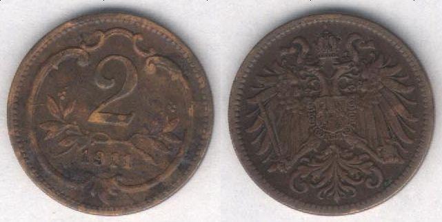 Монета Австрия 2 геллера 1911 г. VF