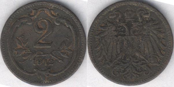 Монета Австрия 2 геллера 1912 г. VF