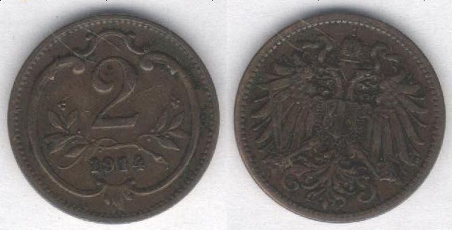 Монета Австрия 2 геллера 1914 г. VF