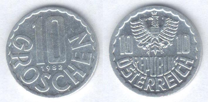 Монета Австрия 10 грошей 1982 г. XF+