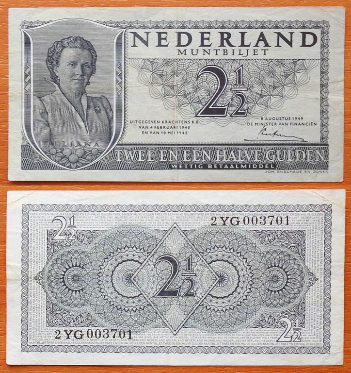 Нидерланды 2,5 гульдена 1949 VF P-73